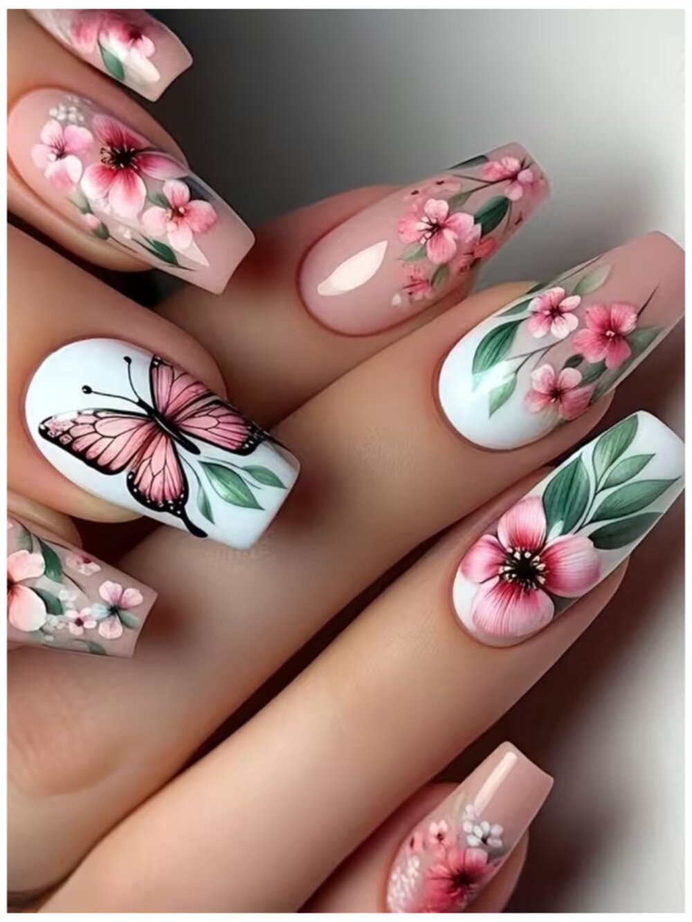 NWT 24 Pcs Butterfly Pink Floral Press On Nails Coffin Shape Medium